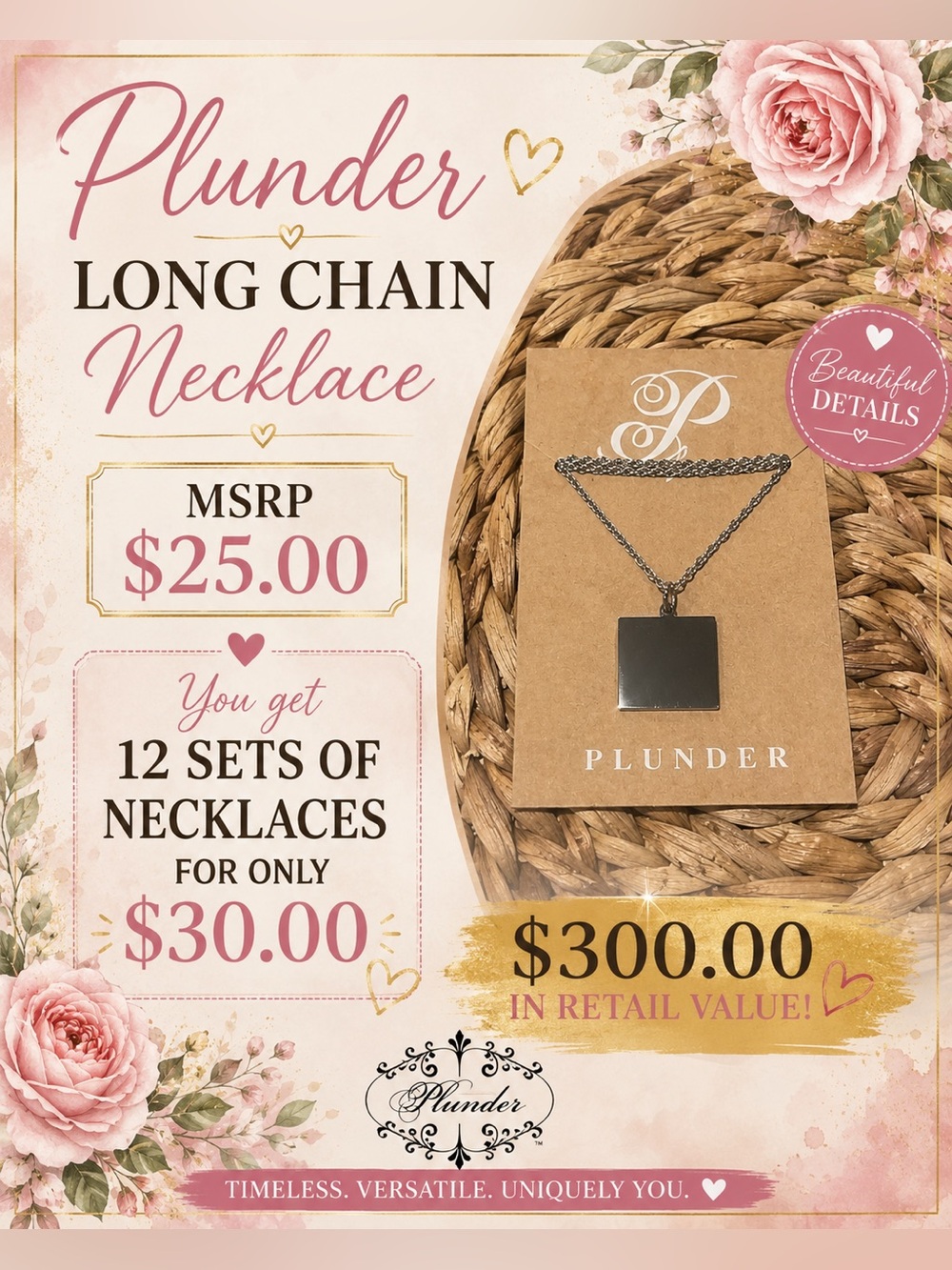 Plunder Gunmetal Square Pendant Long Necklace